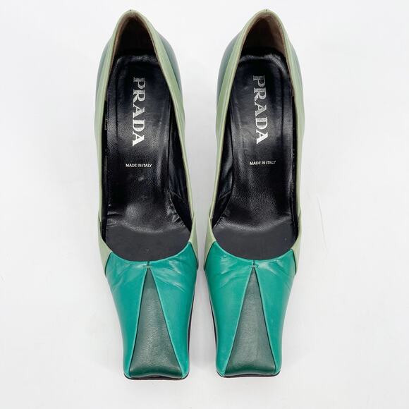Vintage Prada Green Tricolor Colorblock Leather Square Toe Mid Heel Pumps 38.5 - Picture 5 of 11